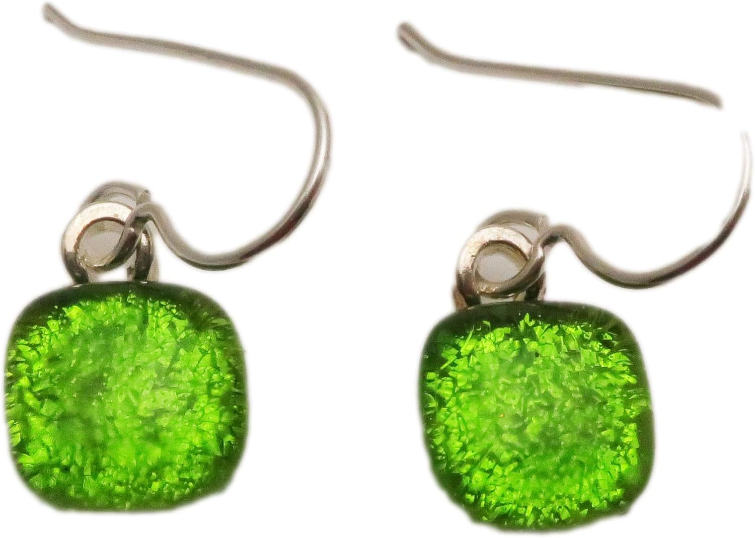 Bright Chartreuse Green Fused Dichroic Glass Earrings Sterling Silver Earrings N240