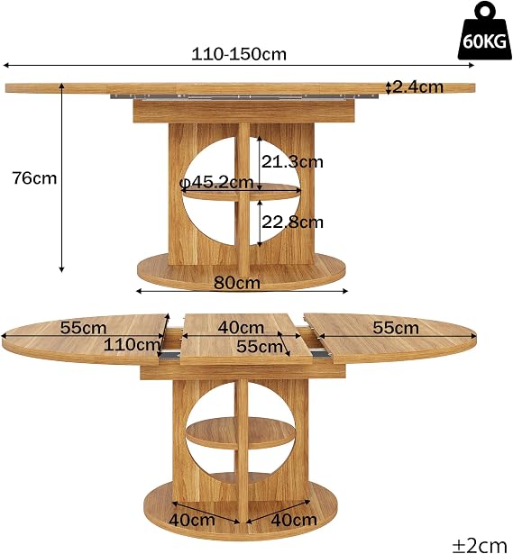 Extendable Dining Table, Round to Oval Dining Table 110-150cm, Seats 4-8 People, Wooden Kitchen Table for Dining Room, Living Room & Balcony, Dark Brown