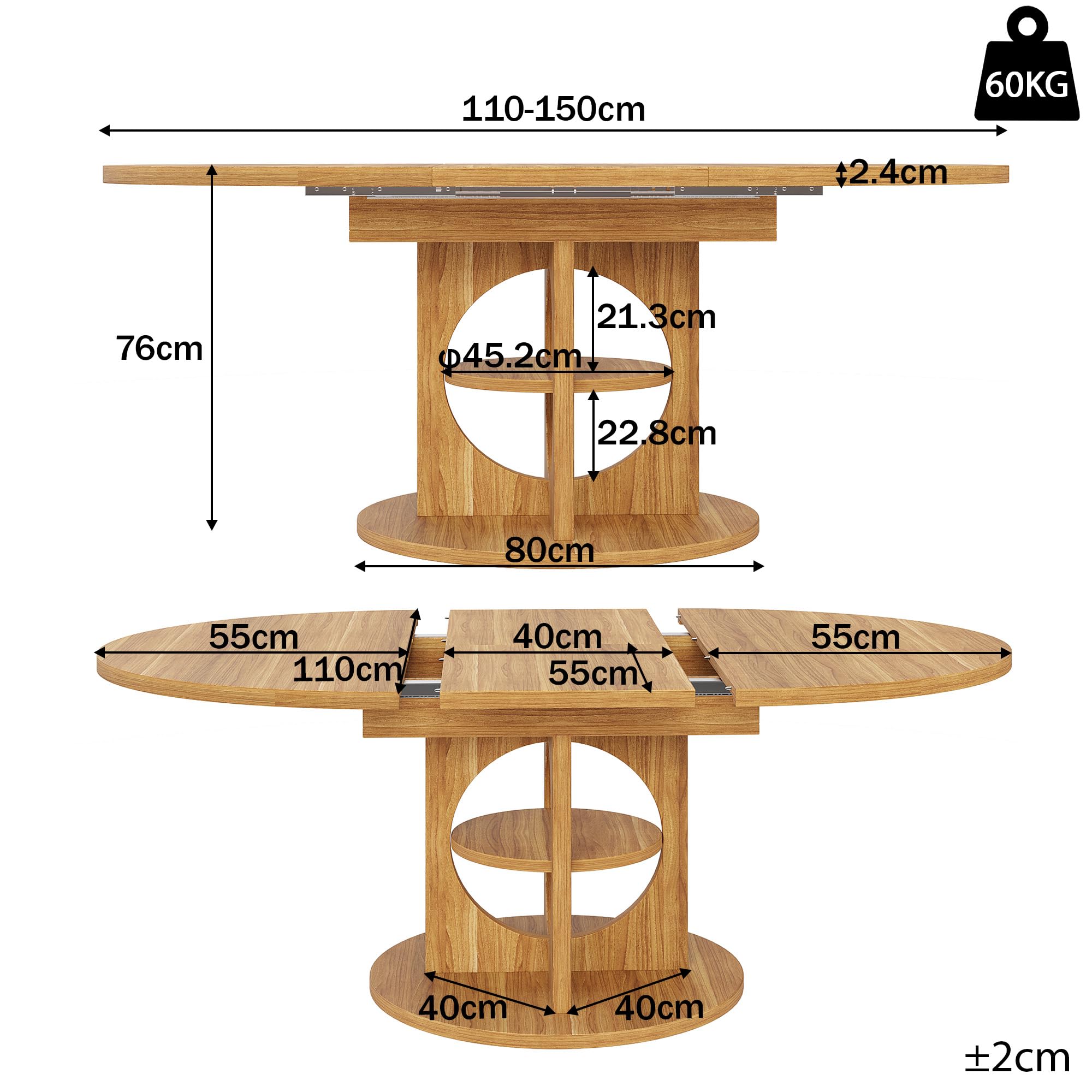 Kebnor Tavolo da pranzo allungabile con vano portaoggetti, 110-150 cm, effetto legno, portata fino a 60 kg, da rotondo a ovale (legno naturale)