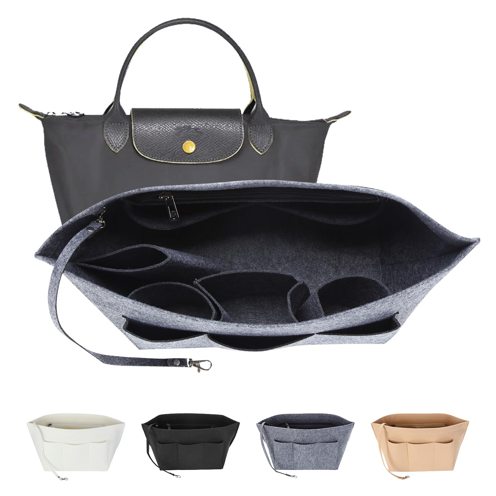 LITLANDSTARLITLANDSTAR Handbag Organiser Insert, Felt Insert Bag Purse Organiser Multi-Pocket Tote Bag Insert Organiser with Zipper Bag and Key Chain, Grey
