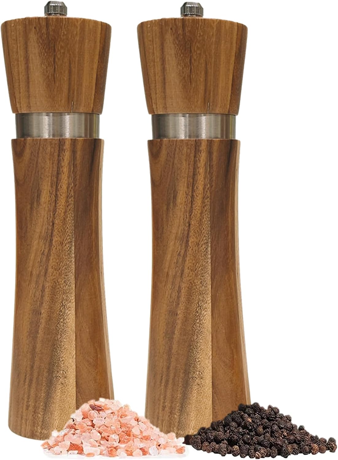 Wooden Salt and Pepper Grinder Set,Acacia Wood Salt and Pepper Grinder Set,Wooden Salt and Pepper Set with Ceramic Core,Salt and Pepper Grinder Set,Pepper Grinder Wood,Adjustable Coarseness,8 Inches