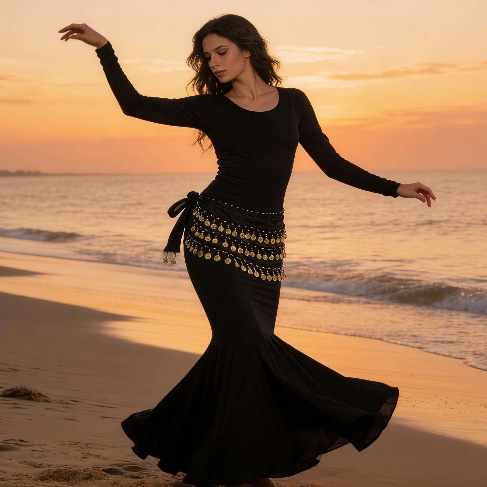 Cinturón Danza del Vientre Negro 2 Piezas, Falda de Gasa 145 cm, Traje de Actuación para Mujeres