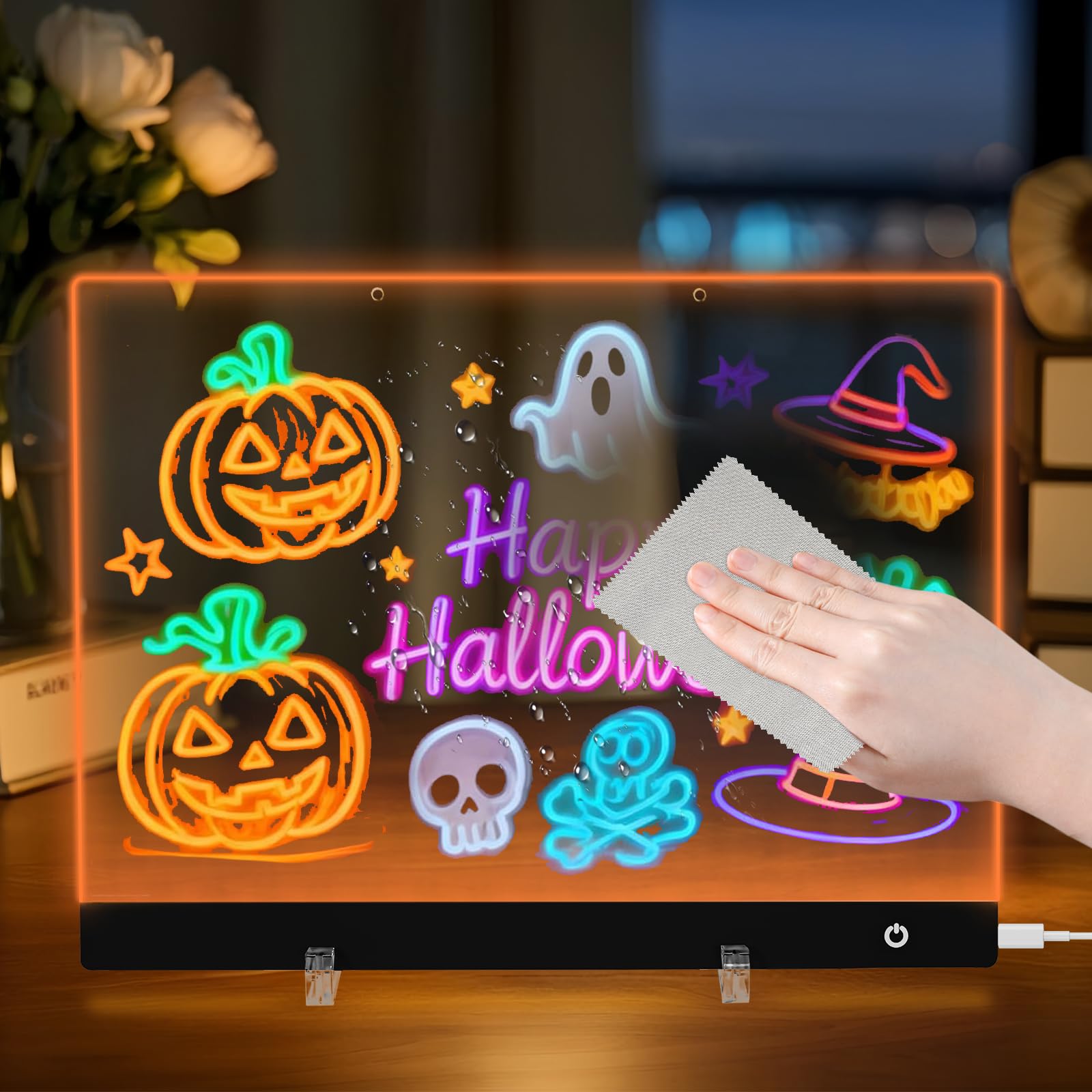 Lavagnetta in Acrilico con Luci LED 40x30cm, 5 Modalità e 6 Colori Bacheca Luminosa a LED, Lavagna Promemoria, Lavagna Magica, Trasparente Lavagnetta Cancellabile con Penna a 7 Colori Catena Supporto