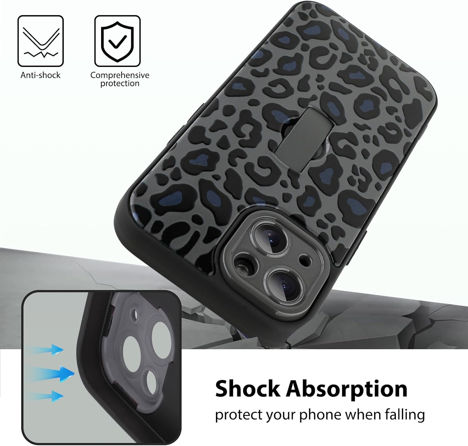 KANGHAR for iPhone 14 Case Black Leopard Print Pattern Cute Cheetah Wristband Stand Phone Cover for Women Girls Men Shockproof Slim Protective Cover for iPhone 14 6.1 Inch - Image 4