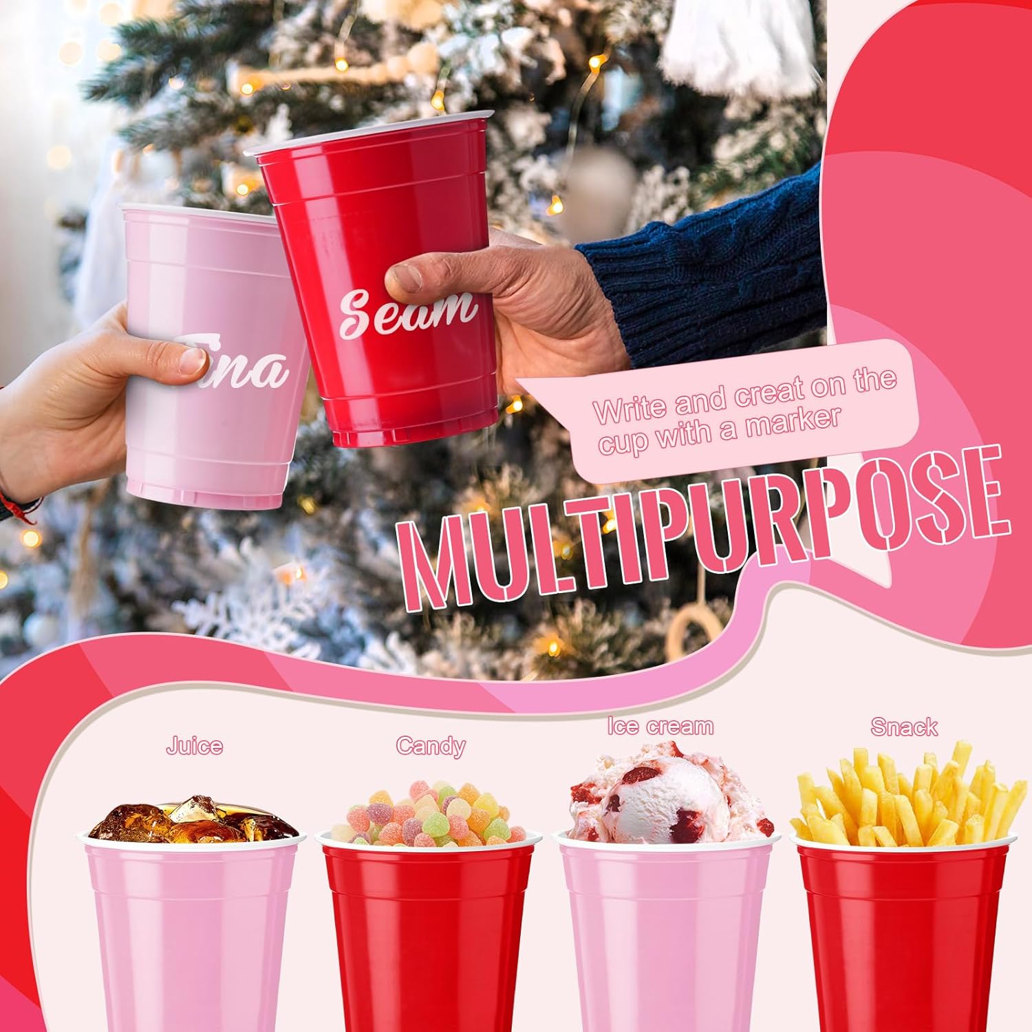 50 Pack Valentine's Day Plastic Cups 12 oz Disposable Drinkware Party Supply Light Pink & Red Drinking Cup Bulk for Bachelor Tropical Party Birthdays Weddings Festive Celebrations - Image 4