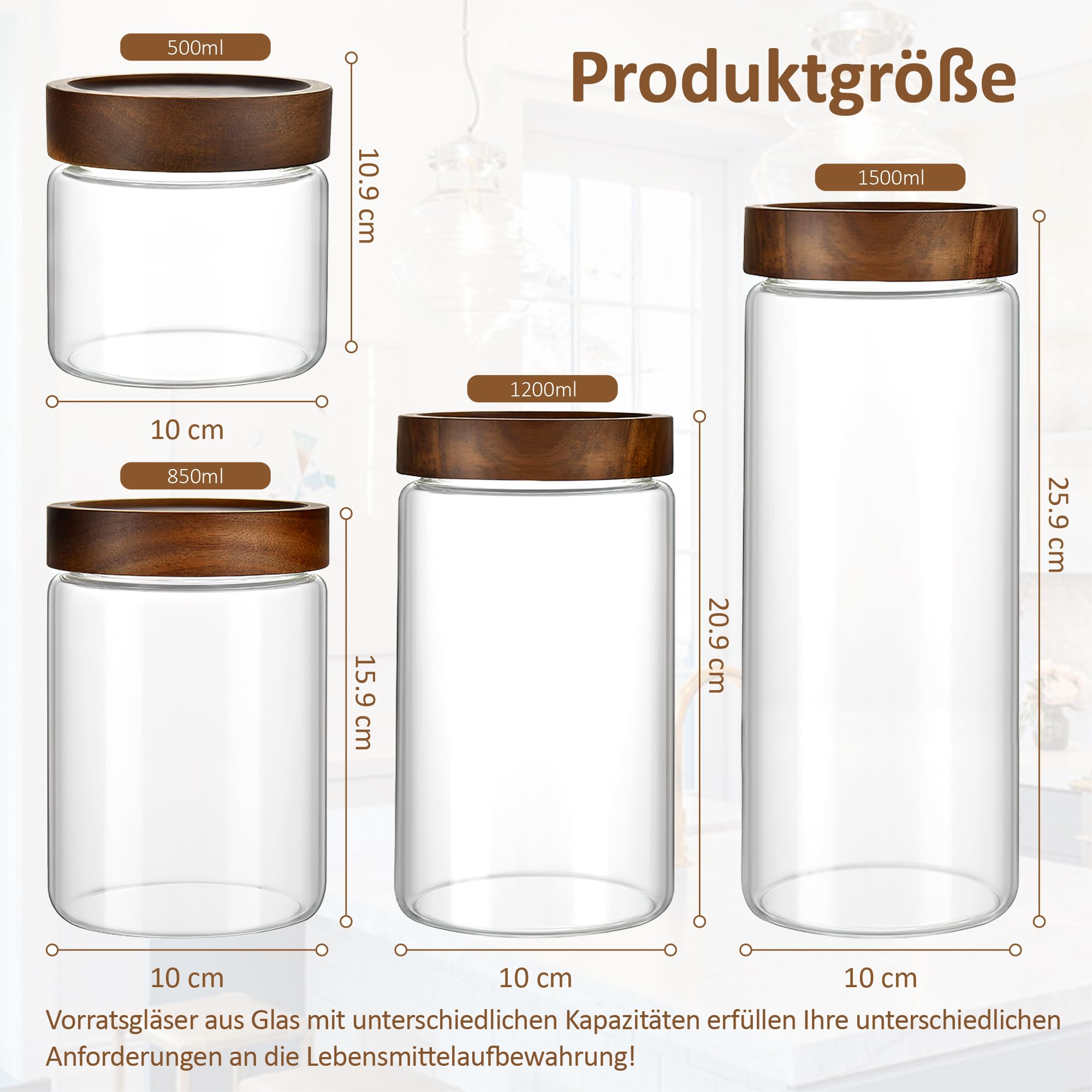 Juego de 3 tarros de almacenamiento con tapa, herméticos, 1500 ml, grandes, con tapa de madera en espiral, para cereales, té, granos de café, pasta, pasta, harina, ova overnight oat