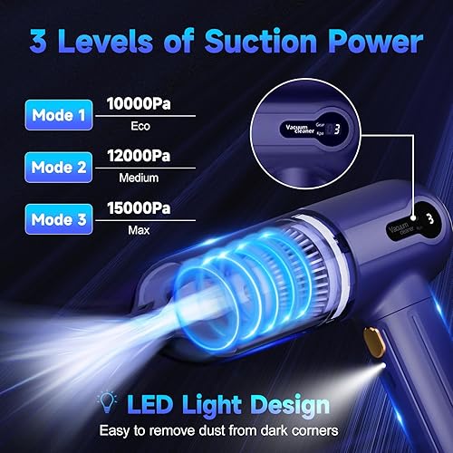 Miniatura 3 de Aspiradora de mano para automóvil, mini aspiradora inalámbrica de 15 KPa de 4000 mAh con luz LED, pantalla digital y 3 velocidades, aspiradora