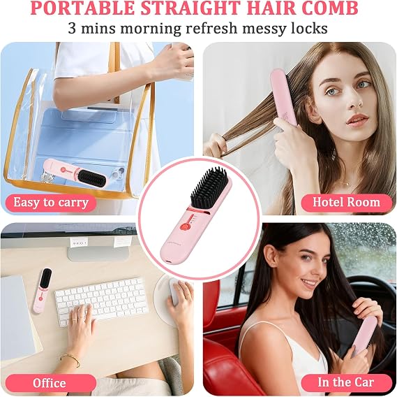 DENTAISyn Cordless Hair Straightener Brush - Portable Hair Brush for Travel - 30s Fast Heating - Portable Straightening Brush for Travel, Mini Hot Straightening Comb for Women