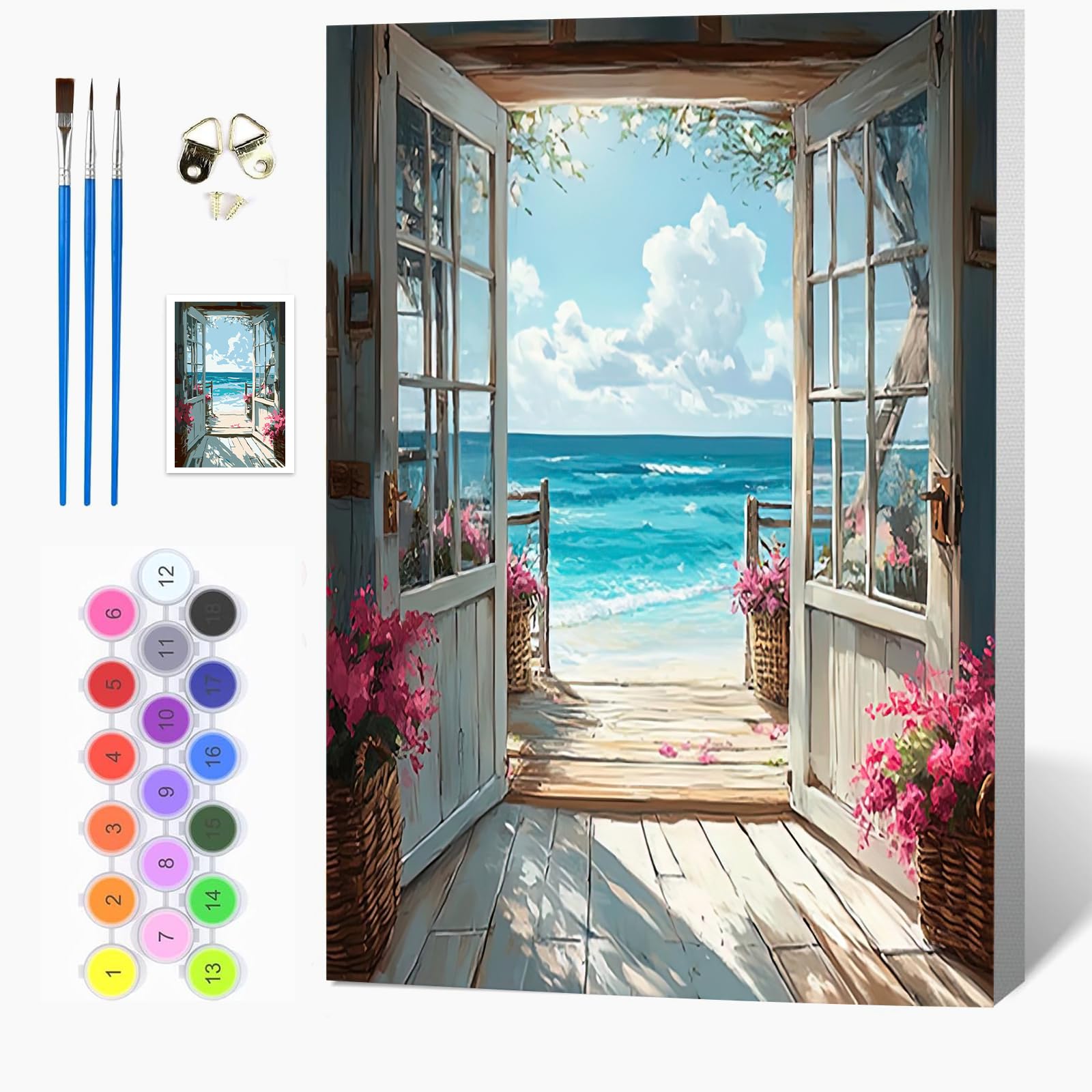 Auremi Door Beach Paint by Numbers Kits Kids Adults, Landscape Painting by Number Kits On Canvas,Framed DIY Color Oil Painting Acrylic Paints,Home Wall Decor 20x30cm