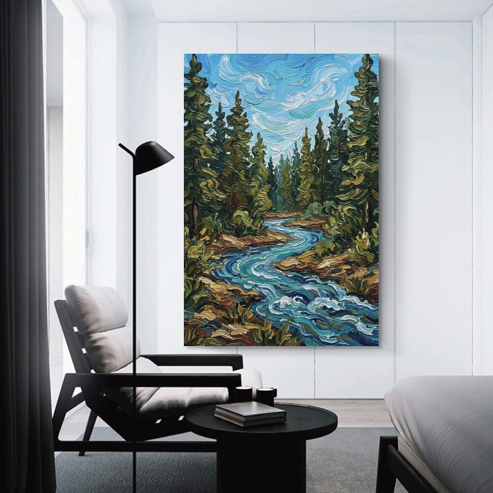 Junmoney Wall Picture Print Impressionist River Through Pine Forest, 20x30inch(50x75cm), for Workspace Walls, Study Corners Or Bedrooms, A Smart Decor Choice for Study Walls
