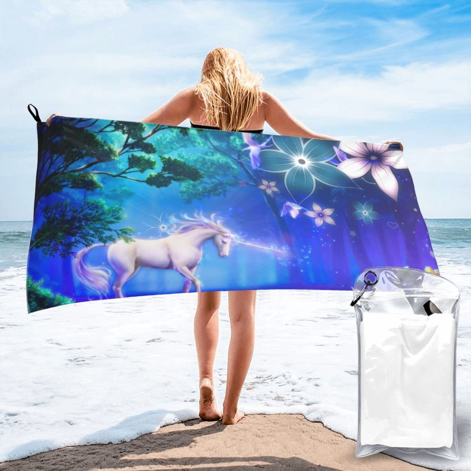 Lawenp Cute Unicorns Horse Microfiber Beach Towel Adults Large Quick Drying Bath Towel Travel Towels with Pouch 31.5"x63"