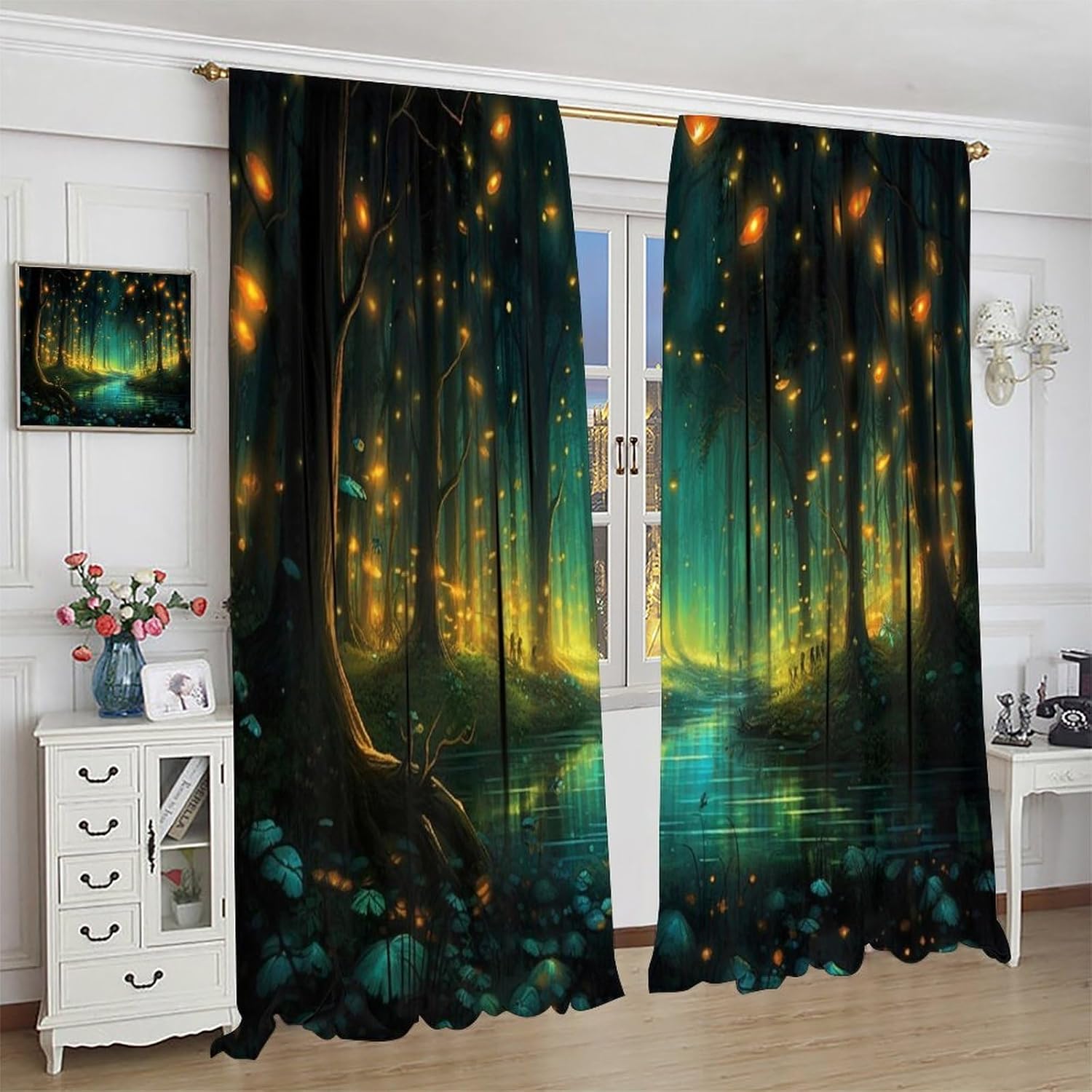Magic Forest Curtains, Fairy Fantastic Trees Stream Flying Fireflies Window Treatment for Kitchen Bedroom Living Room Drapes, 42x45 Inch