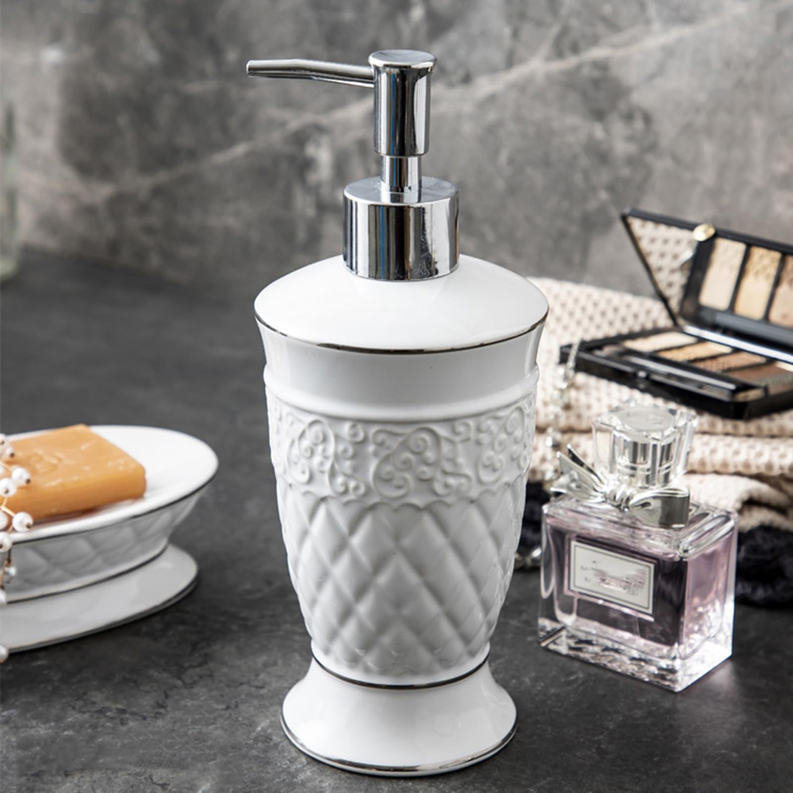 Juego Dispensador Jabón Baño,Accesorioscerámica, Accesorios Baño Modernos 4 Piezas, Dispensador, 2 Tazas Cepillo Dientes,para El Lavabo, Aspecto Mármol, Blanco,Blanco