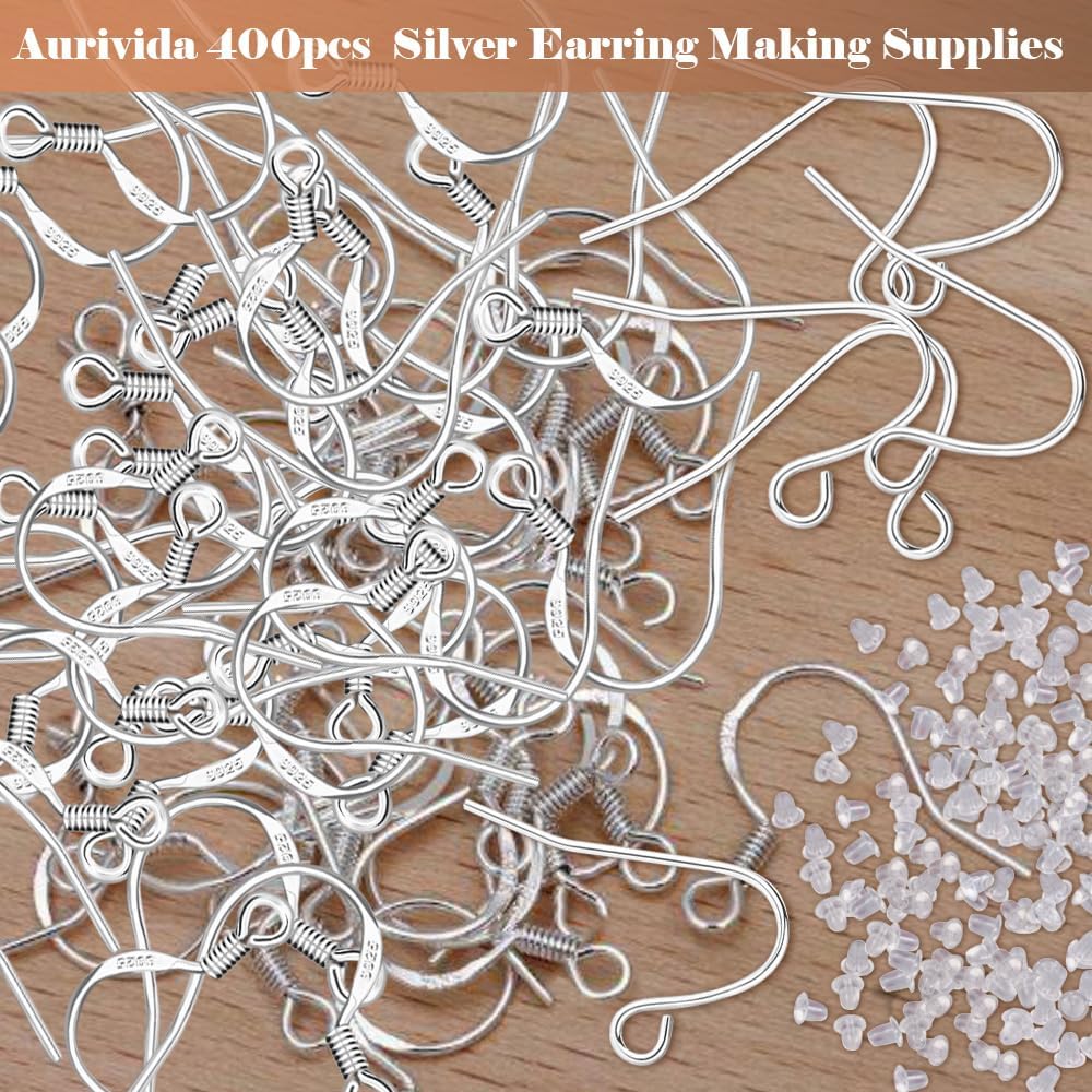 S925 Sterling Silver Earring Hooks Hypoallergenic 200Pcs Ear Wires + Fish Hooks Jewelry Making Supplies Findings Nickel-Free with 200Pcs Clear Rubber Earring Backs for DIY Jewelry