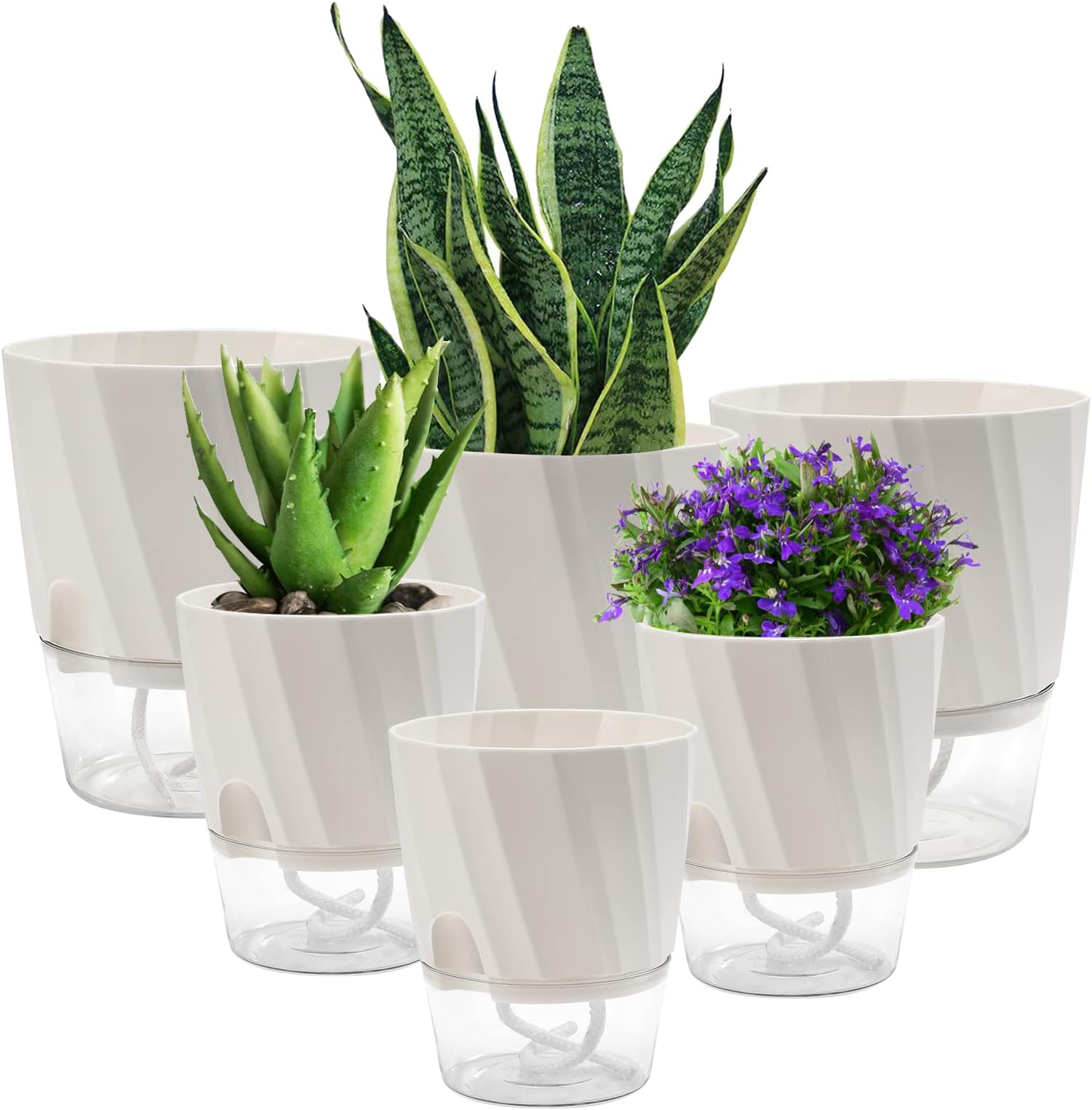 SkywardSelf Watering Pots, Modern Decorative Wicking African Violet Planter Pot for Indoor House Plants, Flowers & Herbs, Plastic, 6 Pack 6/4.7 Inch