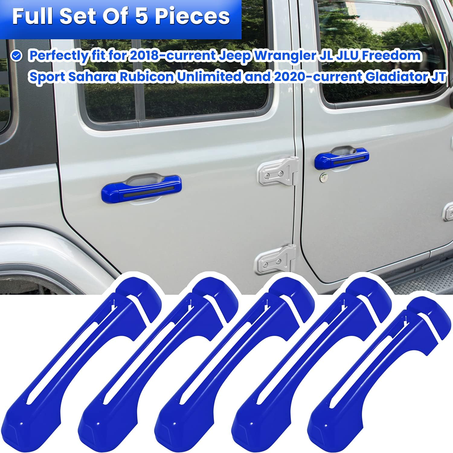 E-cowlboy Door Handle Inserts Cover Trim+Tailgate Handle Cover for 2018-2024 Jeep Wrangler JL JLU Sports Sahara Freedom Rubicon Unlimited Gladiator JT 2-Door & 4-Door Exterior Accessories (Blue 5PCS) image 2