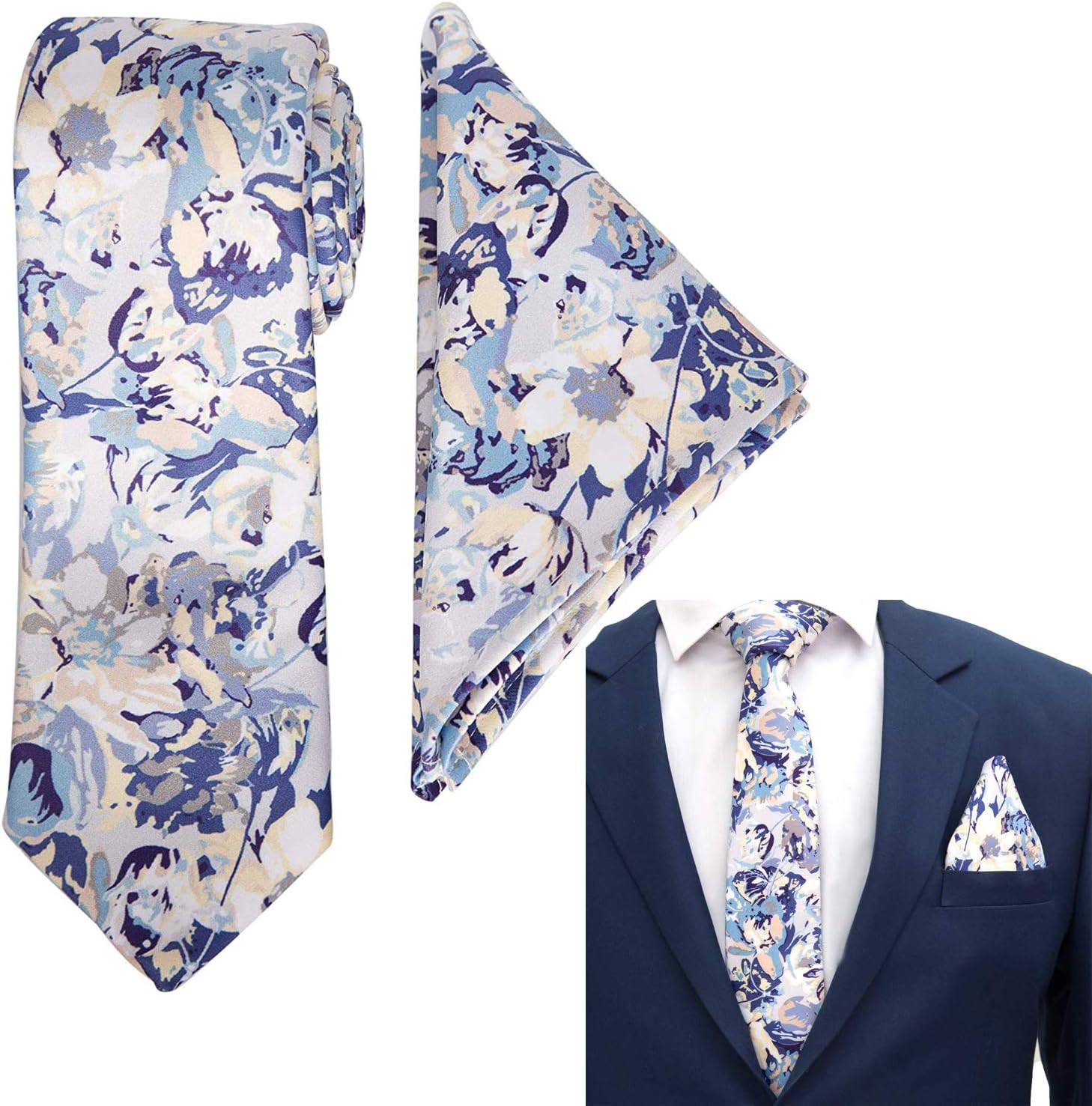 Men's Micro Polyester Paisley Necktie Set with Pocket Square (Blue, Free Size)