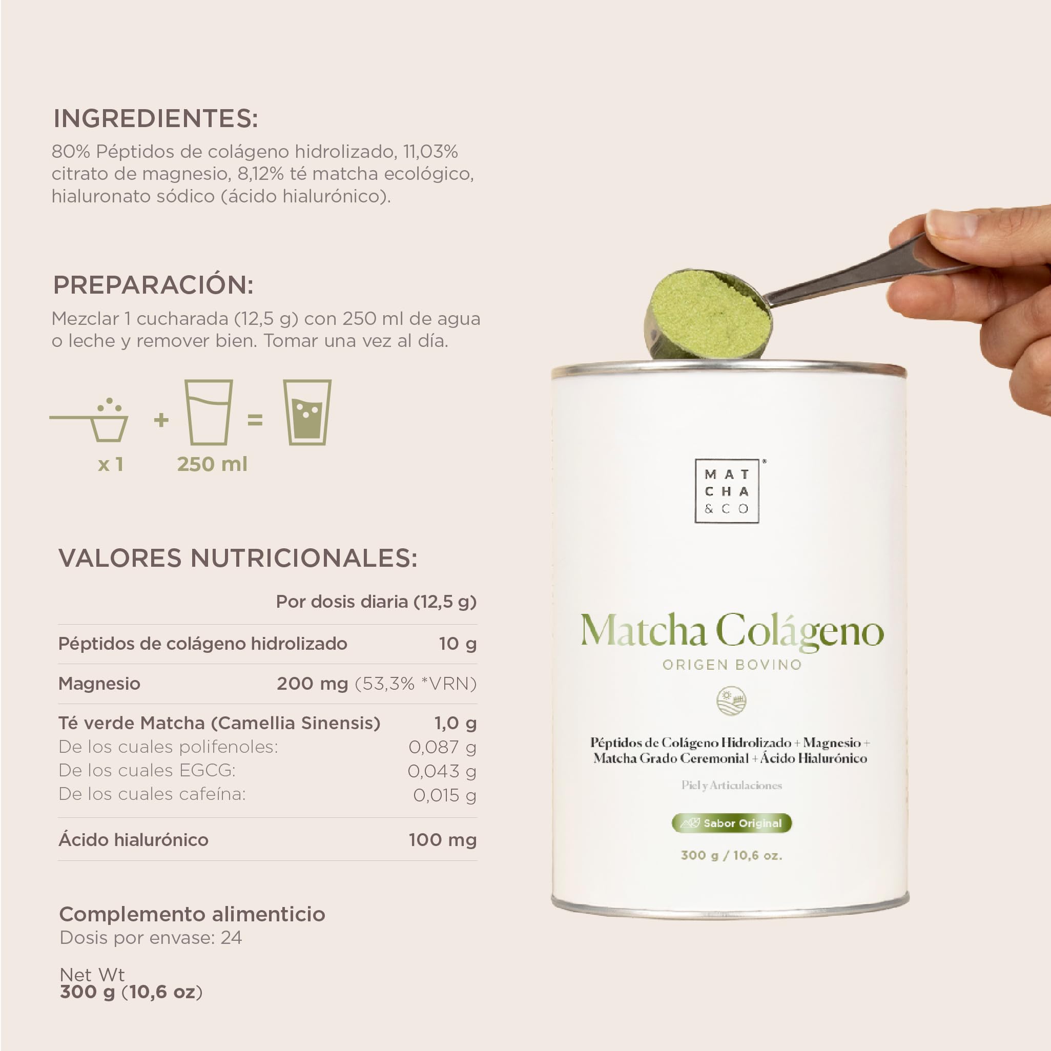 Matcha Collagen. Colágeno con Magnesio, Té Matcha y Ácido Hialurónico. Articulaciones, Piel y Uñas. 300 g en Polvo.