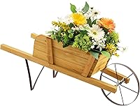 Safstar Rustic Wooden Wheelbarrow Planter with Metal Wheel & 9 Magnet Accessories - Garden Flower Cart for Patio Backyard Decor