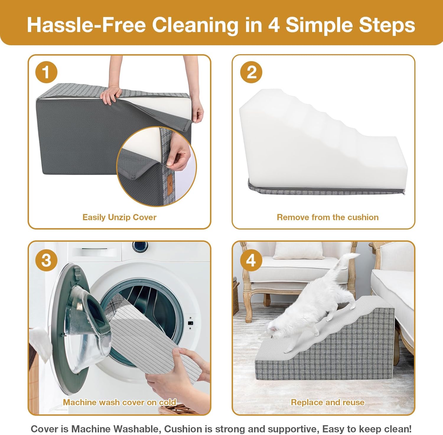 Pets Ramp for High Beds, Small Dogs & Senior Cats - Non-Slip Texture & Machine Washable Cover - Supportive Foam for Joint Comfort, Easy Climb for Couch, Sofa, Furniture (Grey)