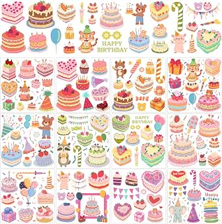 12 Sheets 12 Styles Rub on Transfers for Crafts and Furniture, 5.5x5.5 Inch Birthday Cake Transfer Stickers Cute Cartoon PVC Window Decals for DIY Home Window Decor