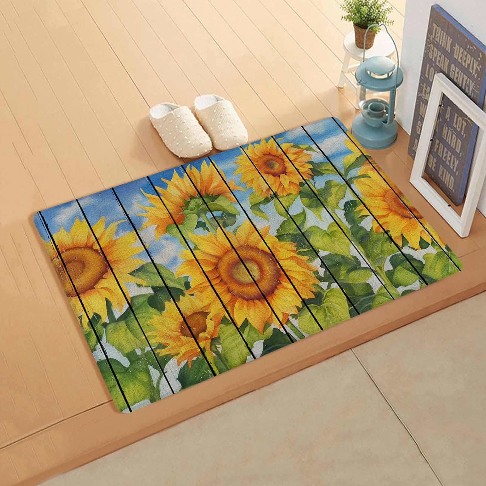 Sunflowers Antifatigue Kitchen Bath Door Mat Cushioned Runner Rug,Washable Welcome Floor Sink Mat,Waterproof & Non-Slip Kitchen Standing Doormat,Summer Vintage Botanical Floral Wooden Boards 18