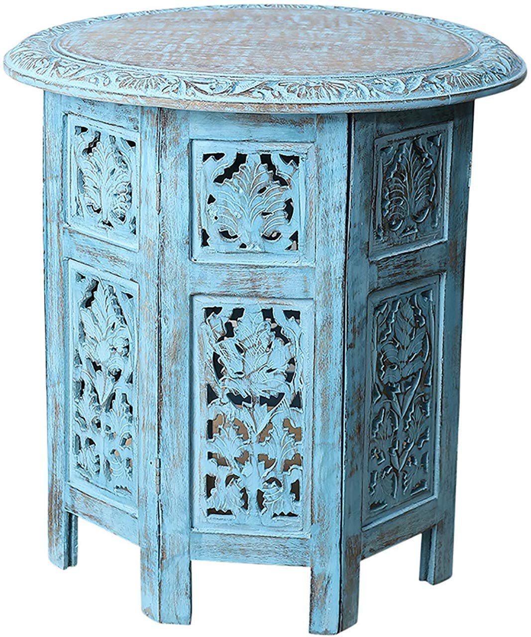 Wooden Handcrafted Carved Rajasthan Solid Folding Blue Accent Antique Coffee Table