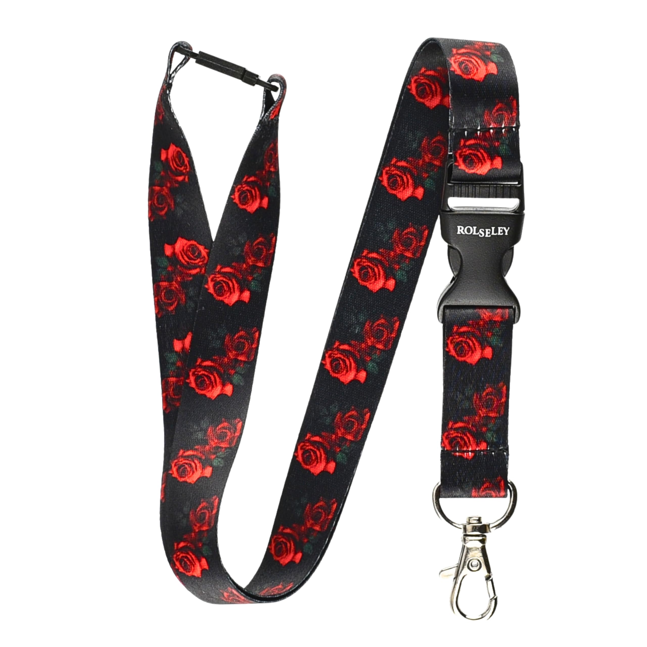 ROLSELEY Lanyard Neck Strap BLACK WITH ROSES Pattern With Metal Lobster Claw Clip And Safety Breakaway for ID and Passes for Everyday Use at Office, School, Events