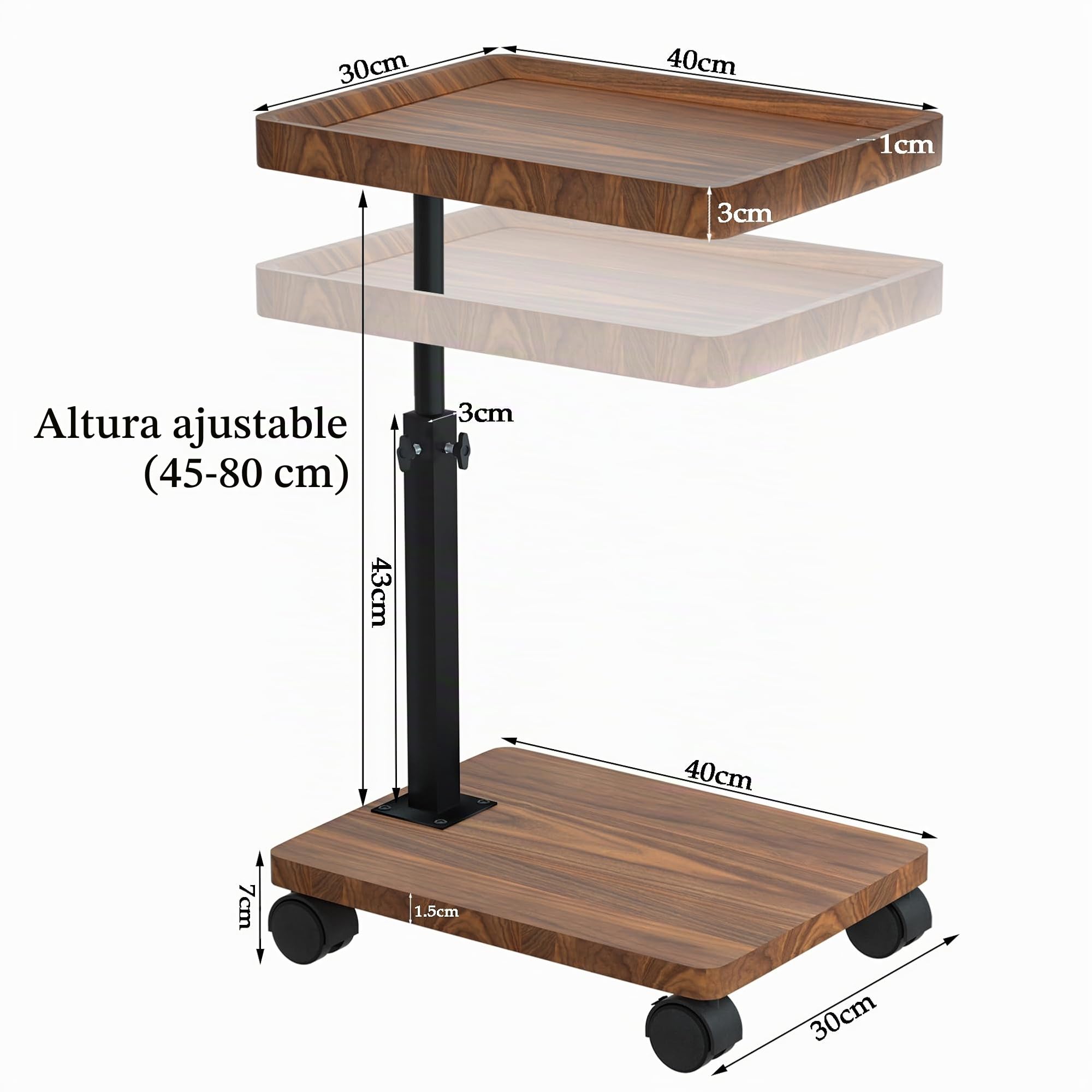 Mesa Auxiliar con Ruedas, Altura Regulable (45 – 80 cm), Mesa Auxiliar de Madera en Forma de c con Acabado de Nogal Giratorio 360°, Mesa de Centro pequeña para salón, sofá