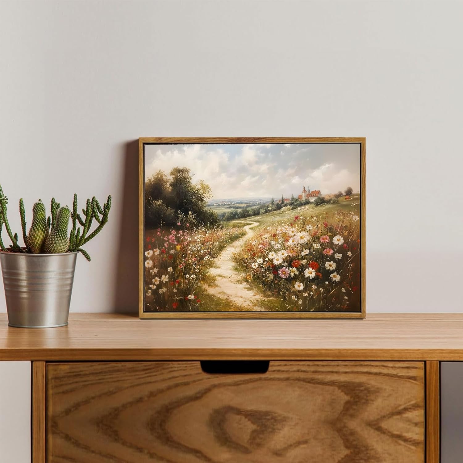 Framed Vintage Wildflower Landscape Canvas Wall Art Rustic Nature Flower painting Decor Pictures Farmhouse Nature Floral Posters Prints for Corridor Living Classroom Bedroom Decoration