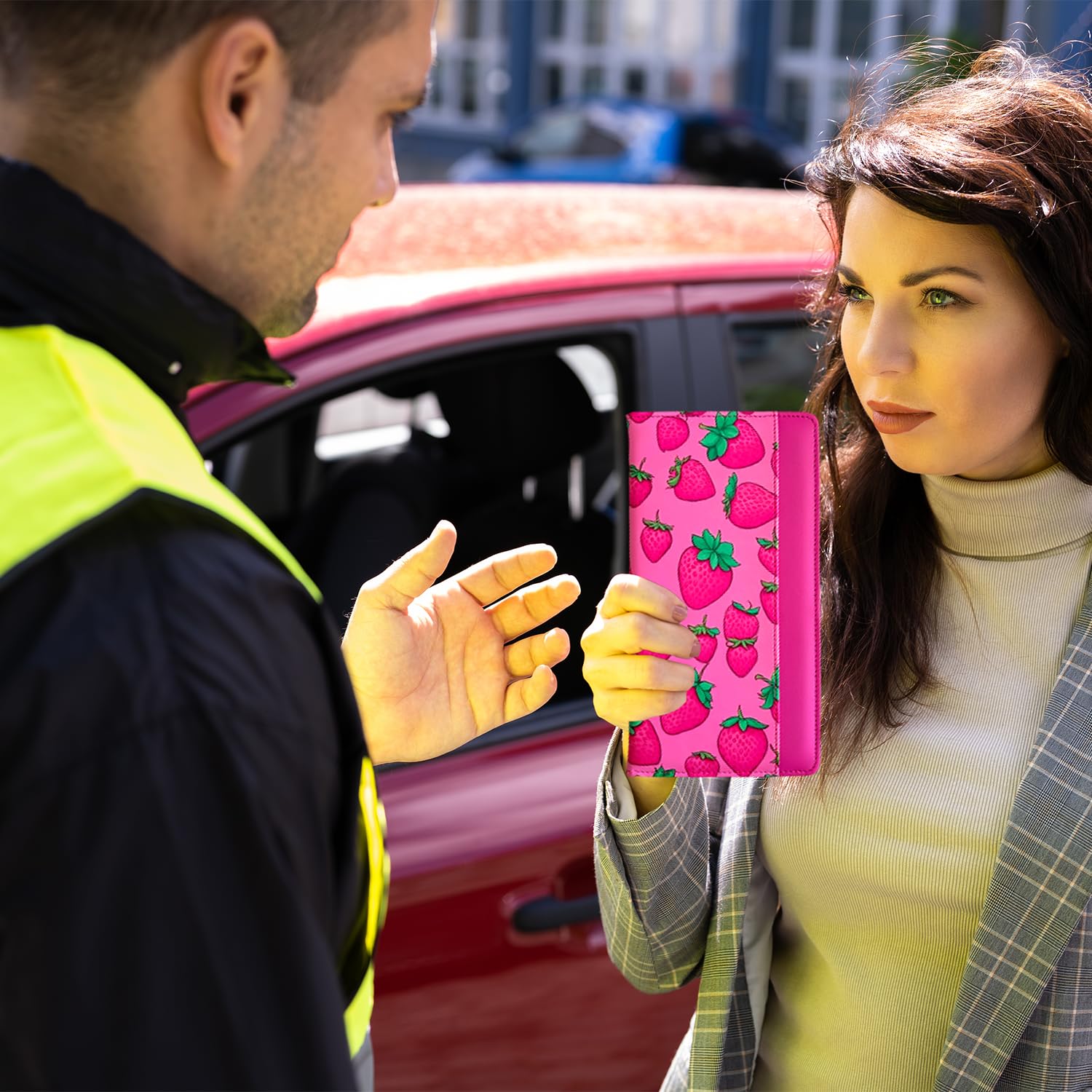 Porta libretto e assicurazione auto con chiusura magnetica, organizer universale per documenti per patente, carte di assicurazione e vano portaoggetti (fragola, rosa acceso)