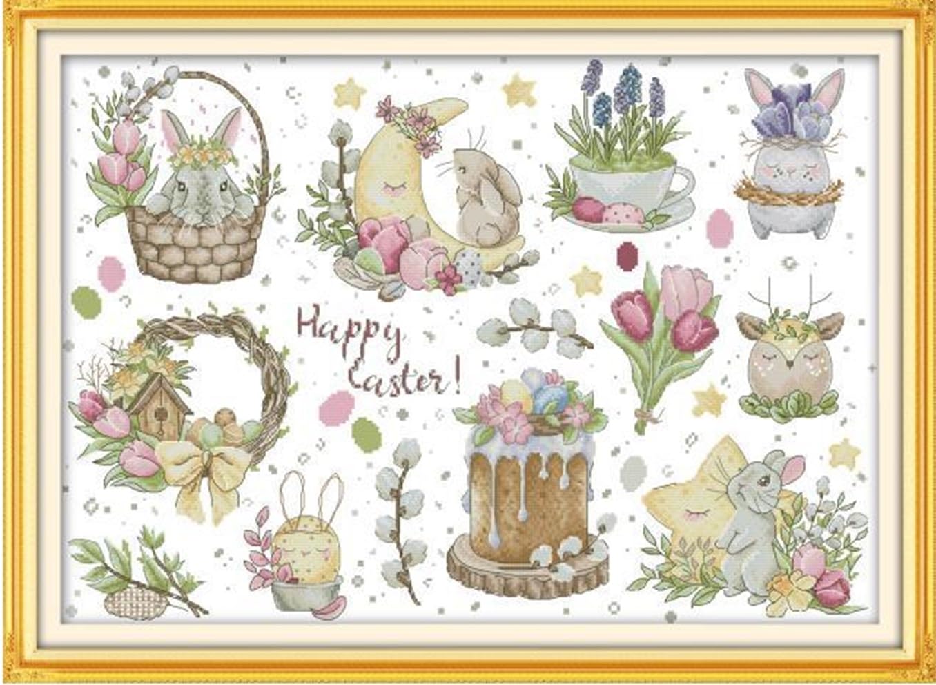 Rosyfoxes Cross Stitch Kits Stamped Full Range of Embroidery Starter Kits for Beginners DIY 14CT 2 Strands - Printed kit Easter Bunny (Printed) 22.8x16.9 inches