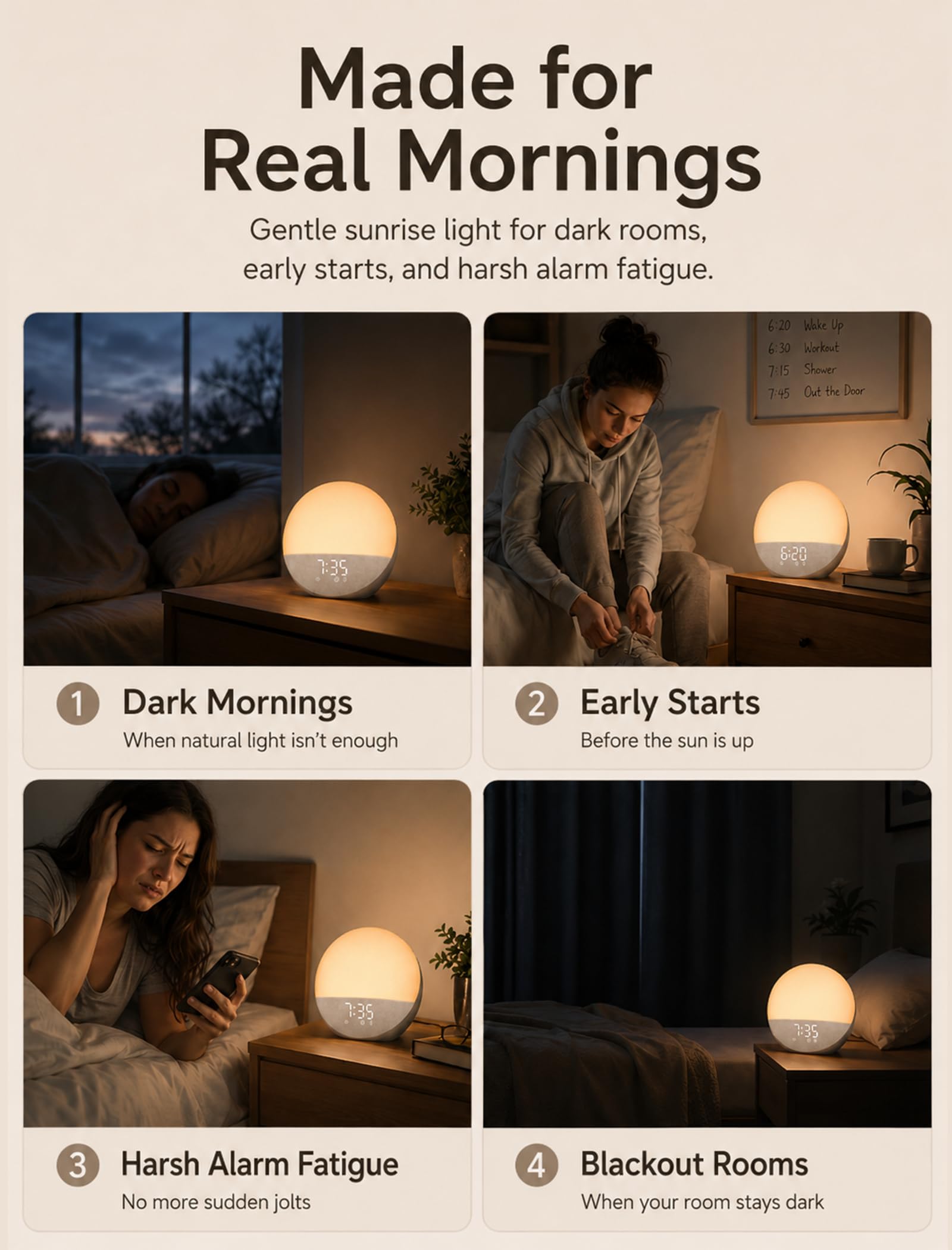 Odokee Reloj despertador Sunrise con máquina de sonido: luz de despertador suave y 7 sonidos de alarma para dormitorio, 3 modos de despertar y 32 niveles de volumen para masilla matutina sin estrés