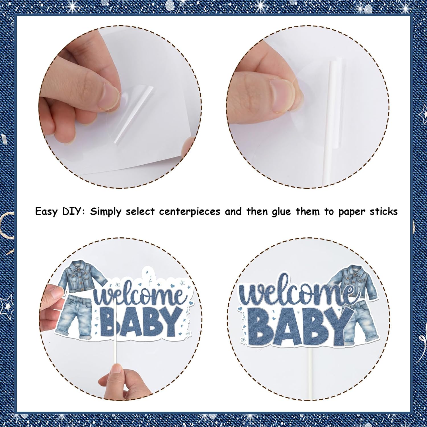 Jollyboom Blue Jean Denim Baby Shower Decorations, 24pcs a Little Denim Baby Is On The Way Decorations Table Centerpiece Sticks for Welcome Baby Blue Jean Clothes Pregnancy Gift