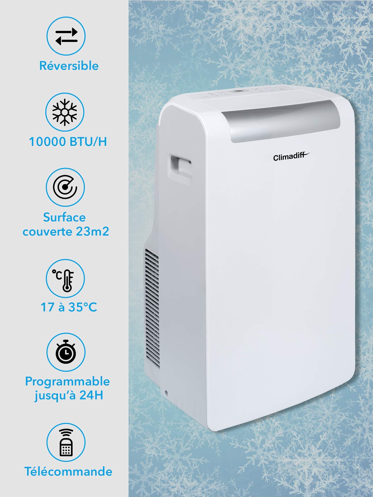 Climadiff - Climatiseur Réversible CLIMA12KR1-4 en 1 Climatiseur Chauffage Déshumidificateur et Ventilateur - Appareil Mobile Connecté + Commande Vocale - 12 000 BTU - Couvre entre 23m² et 35m²
