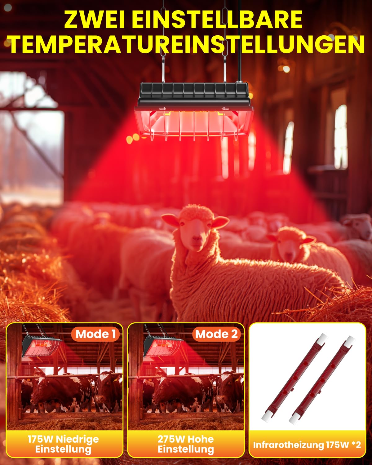 Wärmelampe für Küken mit Hoch-/Niedrig-Schalter (max. 275W), Inklusive 2 x R7S Infrarotlampe, Verstellbarer Aufhängekette und 3m Kabel für Küken, Entenküken, Welpen und Nutztiere