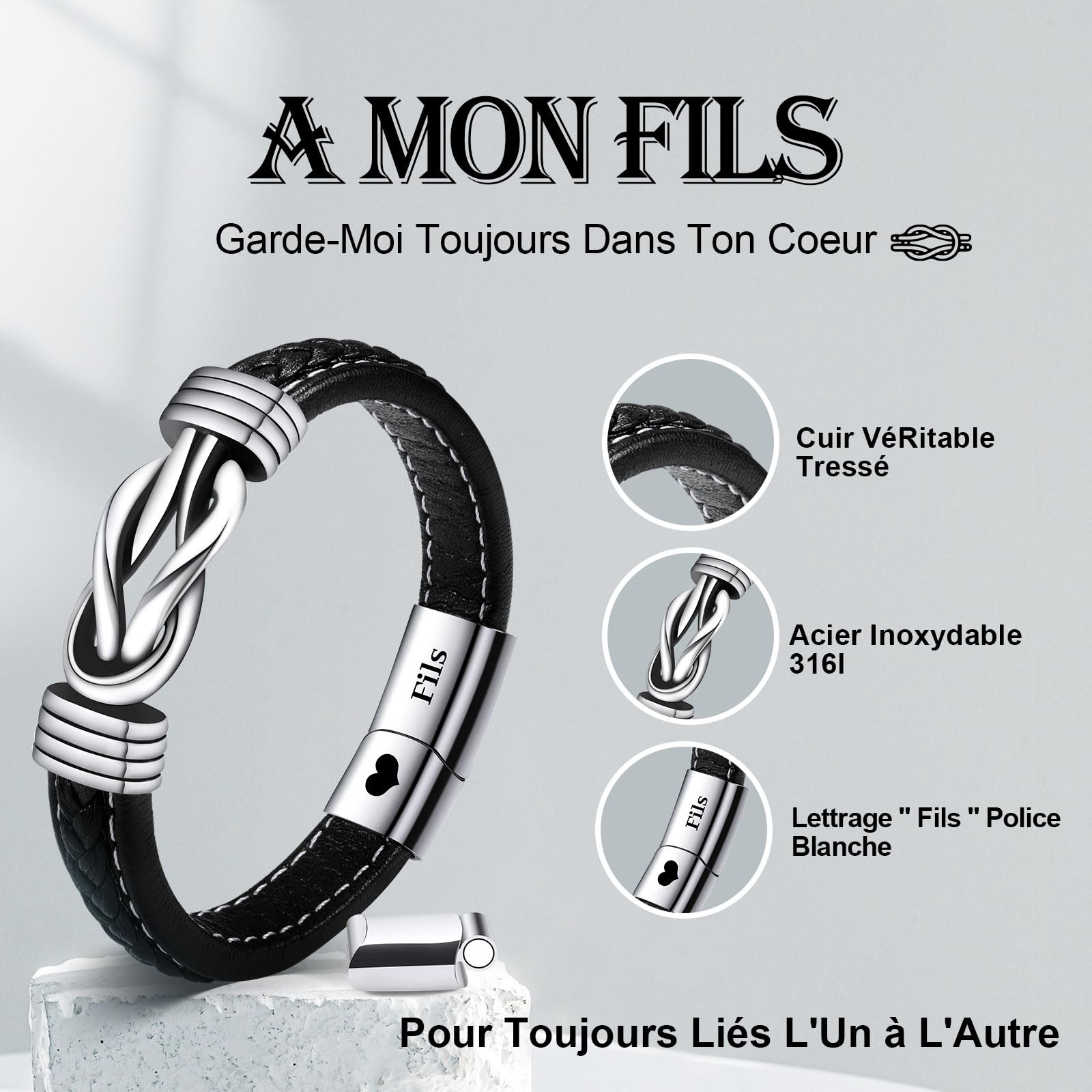 VU100 Bracelet pour Fils Cadeau pour Fils Cadeau pour Fils de Maman et Papa Bracelet en Cuir en Acier Inoxydable Bracelet pour Mon Fils Cadeaux d'Inspiration Cadeaux d'Anniversaire pour Garçons