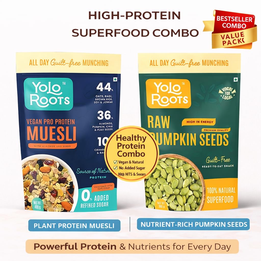 Yolo Roots Vegan Pro Protein Muesli 400g + Raw Pumpkin Seeds 200g Combo | 16g Protein Multigrain Fruit Nut Muesli, No Added Sugar, Gluten Free Breakfast Cereal & Healthy Seed Snack (Pack of 2) 1