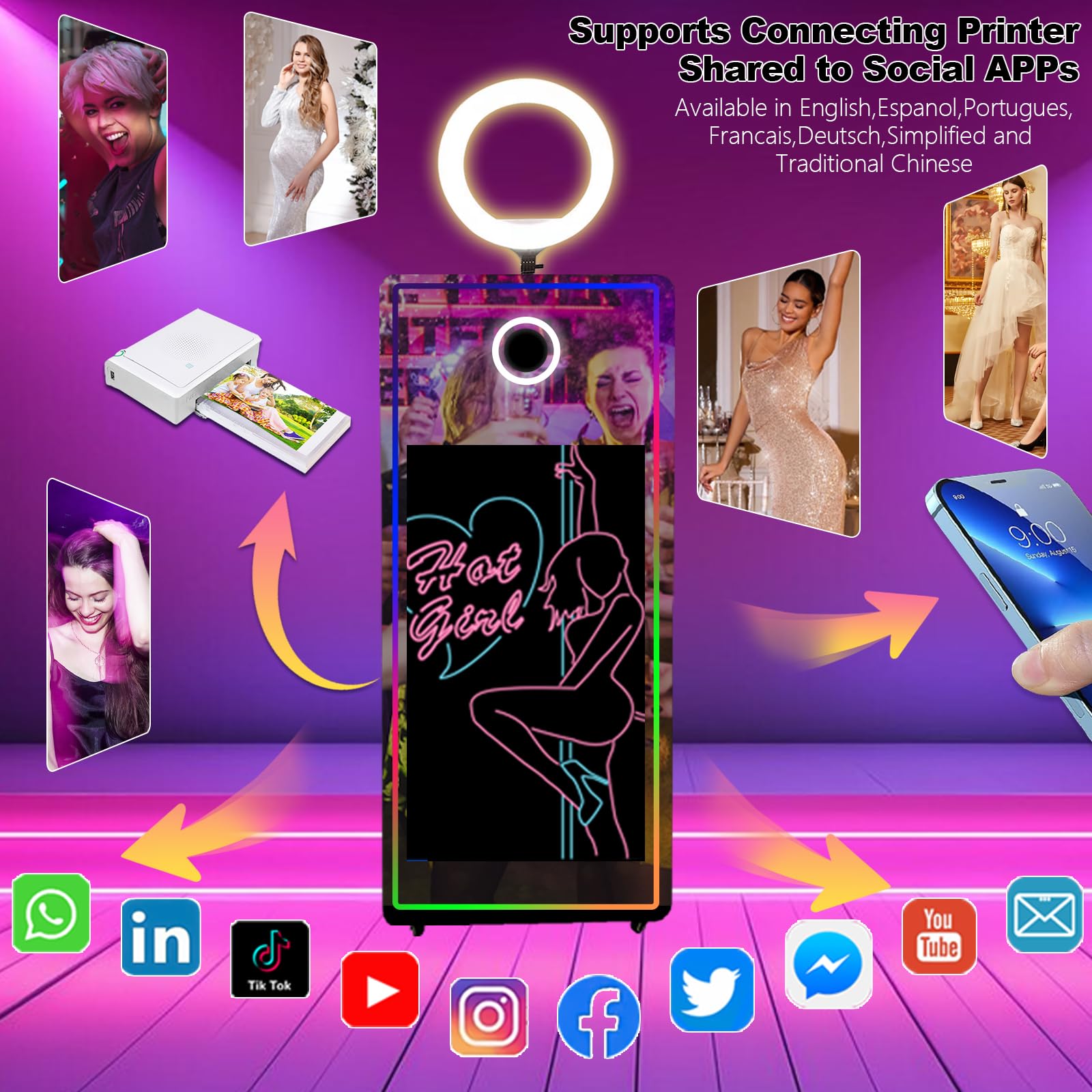 Espejo para cabina de fotos, espejo mágico, máquina de fotos para selfie, pantalla táctil de 43 pulgadas, anillo de luces RGB y marco LED portátil para bodas, fiestas, eventos, funda de vuelo (negro,