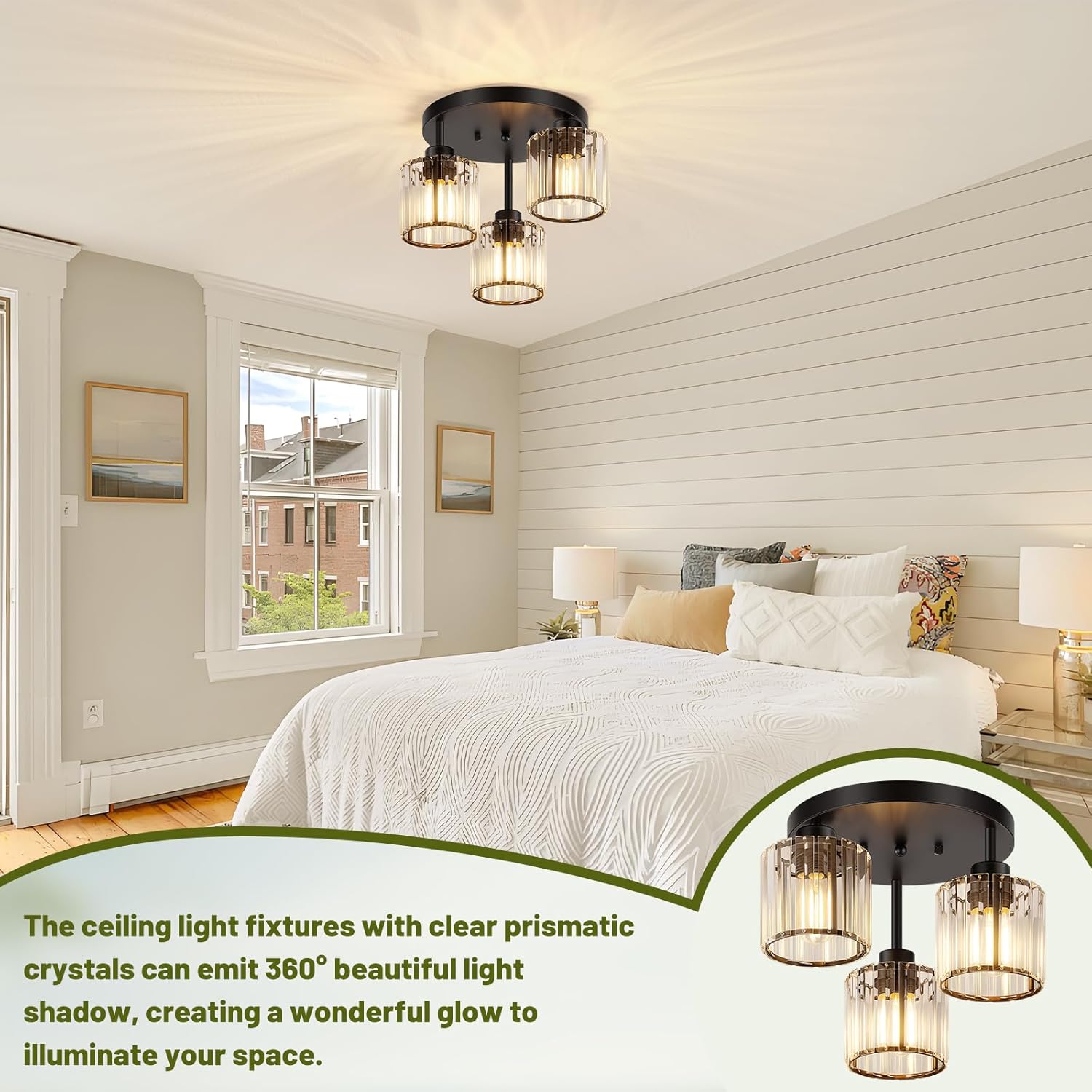 3-Light Crystal Semi Flush Mount Ceiling Light, Black Kitchen Lighting Fixtures Ceiling, Modern Hallway Light Fixtures with Clear Crystal Shades, Close to Ceiling Lamp for Bedroom Foyer Entryway