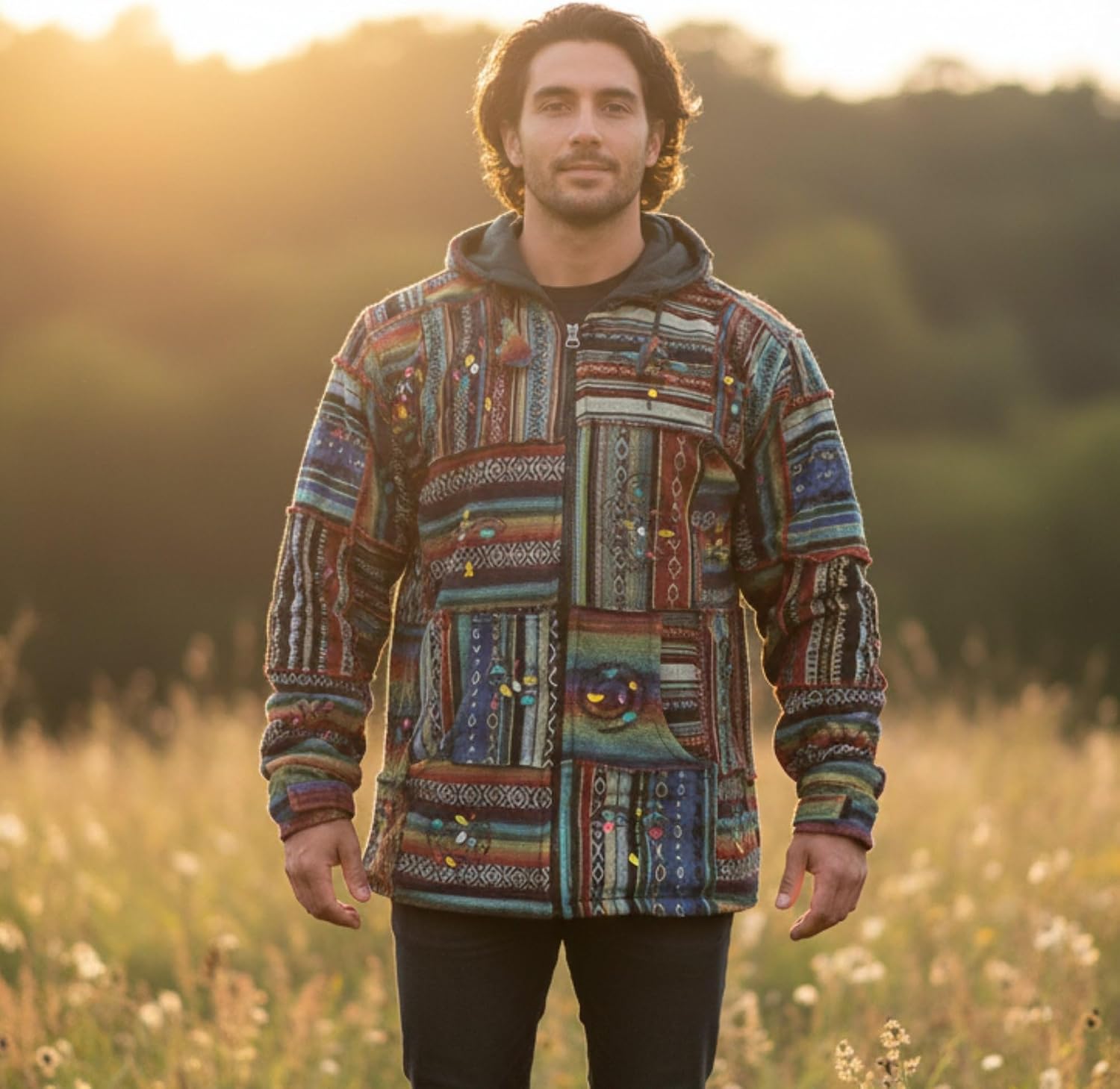 Shopoholic Fashion Men’s Boho Patchwork Hoodie | Handmade Fleece-Lined Jacket from Nepal