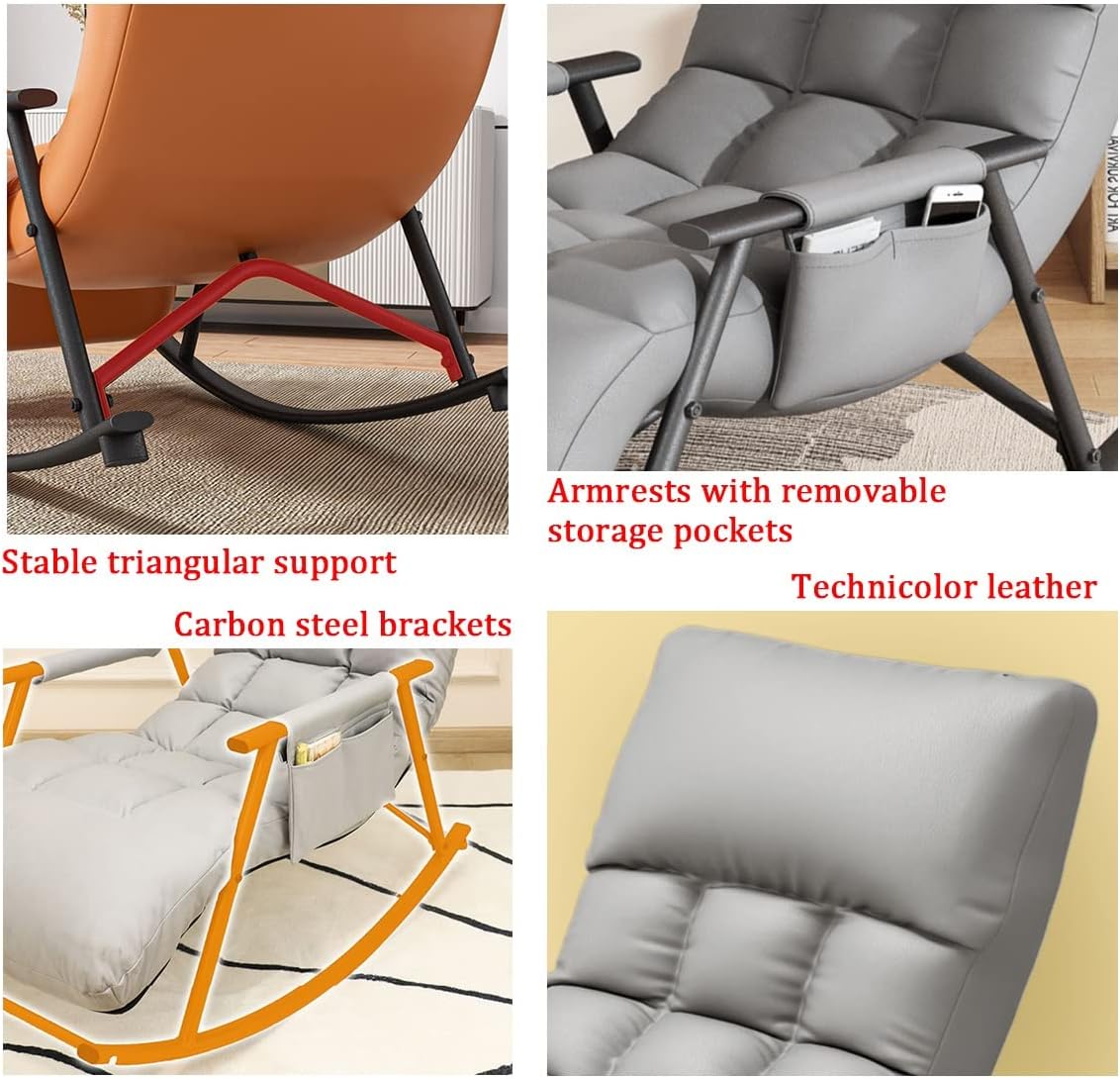 Upholstered Rocking Chair for Nursery, Rocking Chair for Balcony,Leisure Relax Chair with Steel Legs,Leather Padded Seat Comfy Sofa Chair for Living Room,Armchair with Ad，Light Gray Black Leg
