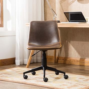 Brown Faux Leather Criss Cross Chair, Modern Armless Vanity Vhair with Wheels, 360 Swivel Air Lift Desk Chairs for Office, Reading Meeting Room Brown