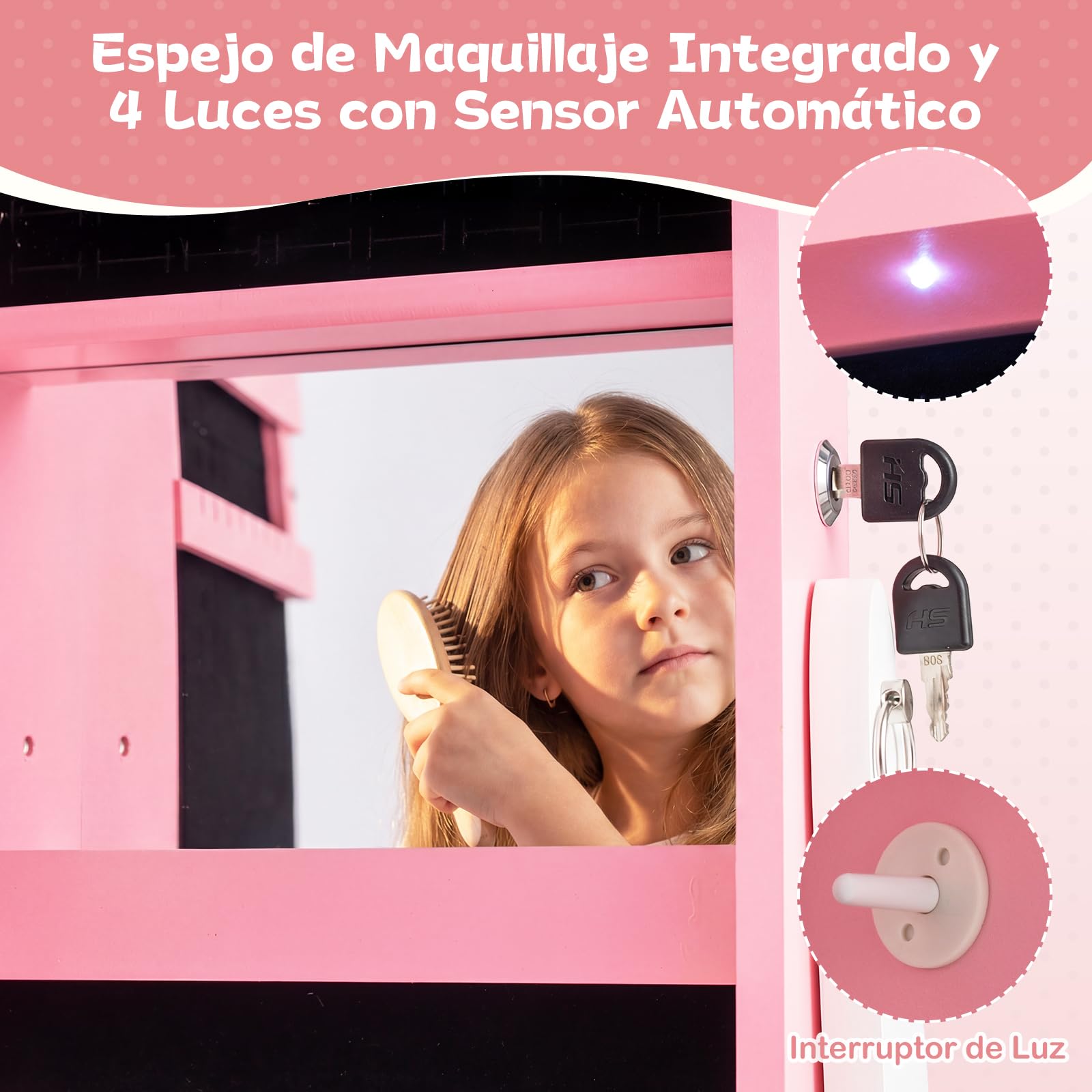 COSTWAY Armario para Joyas Infantil con Luces, Armario Joyero de Pie para Niñas con Espejo de Cuerpo Entero, 4 Luces con Sensor, Espejo Joyero para Princesas para Dormitorio Sala de Juegos (Rosa)