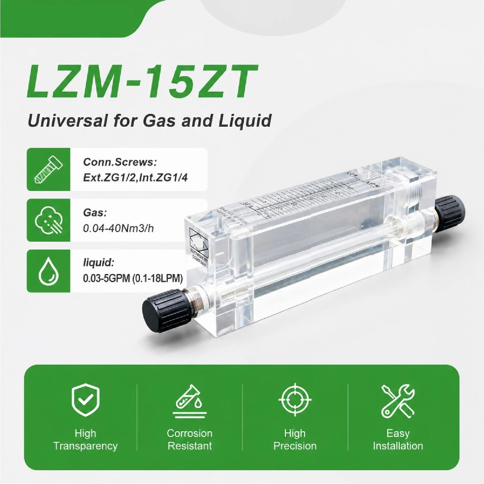 Medidor de Flujo rotámetro acrílico LZM-15ZT for Agua líquida, Gas, Montaje en Panel, Flotador, área Variable con válvula(0.05-0.5GPM)