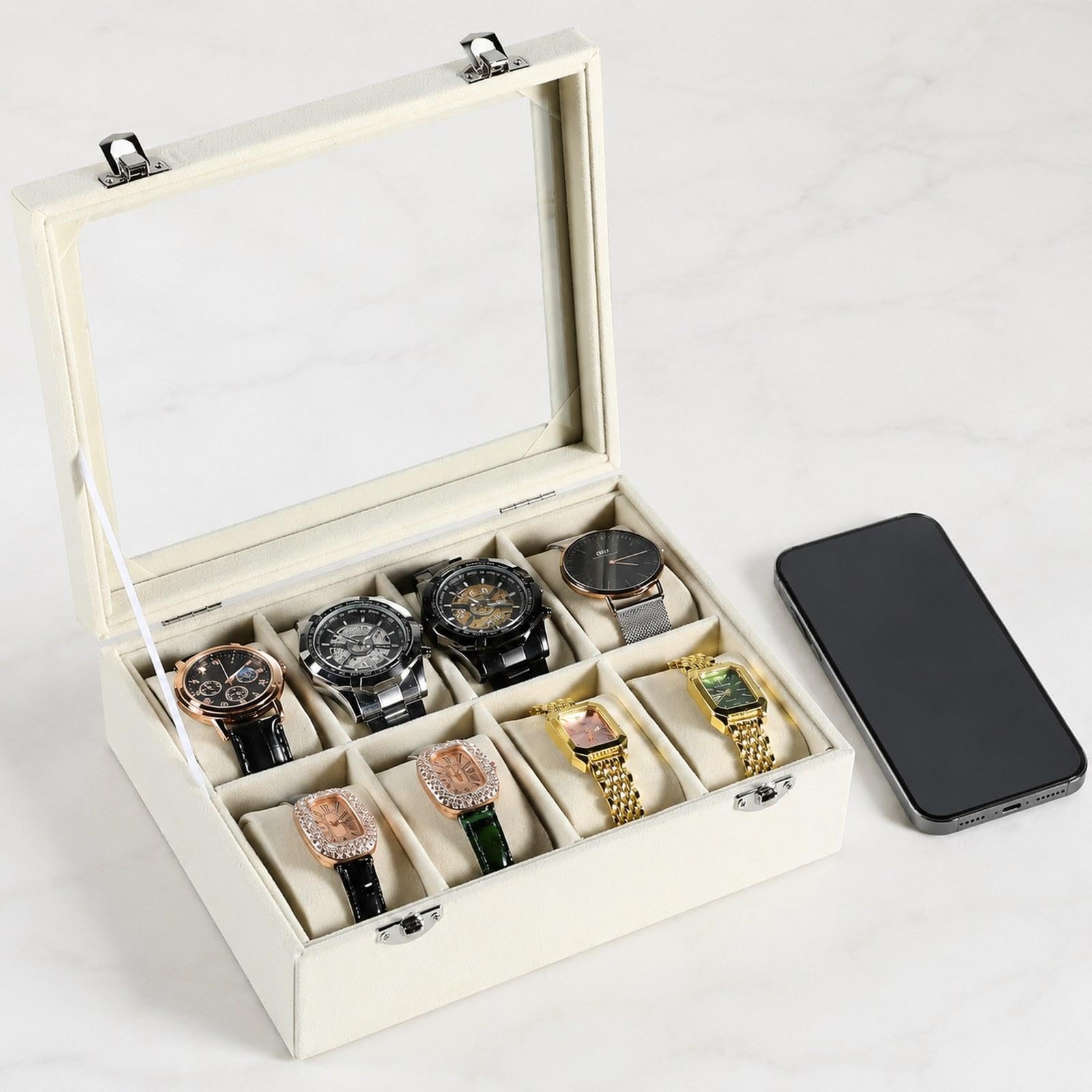 Scatola Porta Orologi/organizer per 8 Orologi Da Polso E Gioielli, con Coperchio Trasparente E Materiale in Tessuto Morbido, Ideale Come Regalo E per