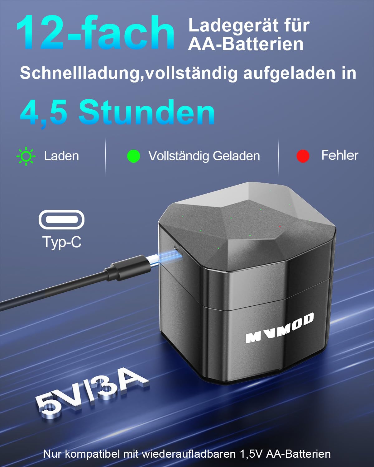 Wiederaufladbare AA Akkus 12er-Pack mit Ladegerät, 1,5V 3600mWh AA Wiederaufladbare Lithium Batterien mit Integrierter Schnelles Aufladen Aufbewahrungsbox (2000 Zyklen) Schwarz