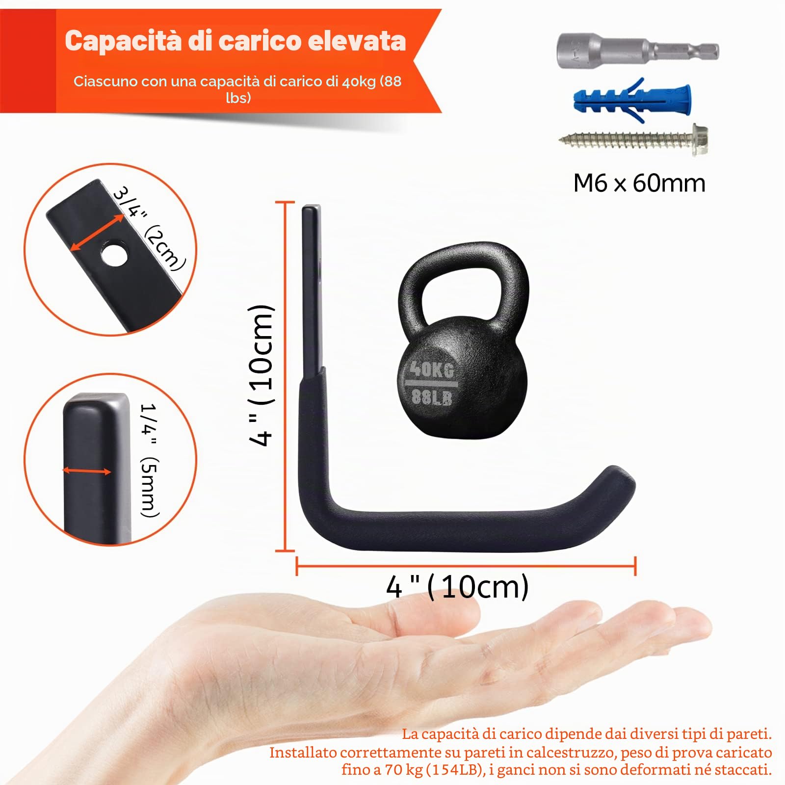 Ganci da parete j-haken Garage Acciaio Nero 8 Pezzi 10cm 40kg | Ganci per appendere J lega acciaio anticorrosione, forati fissaggio parete, struttura verticale robusta, garage cucina bagno