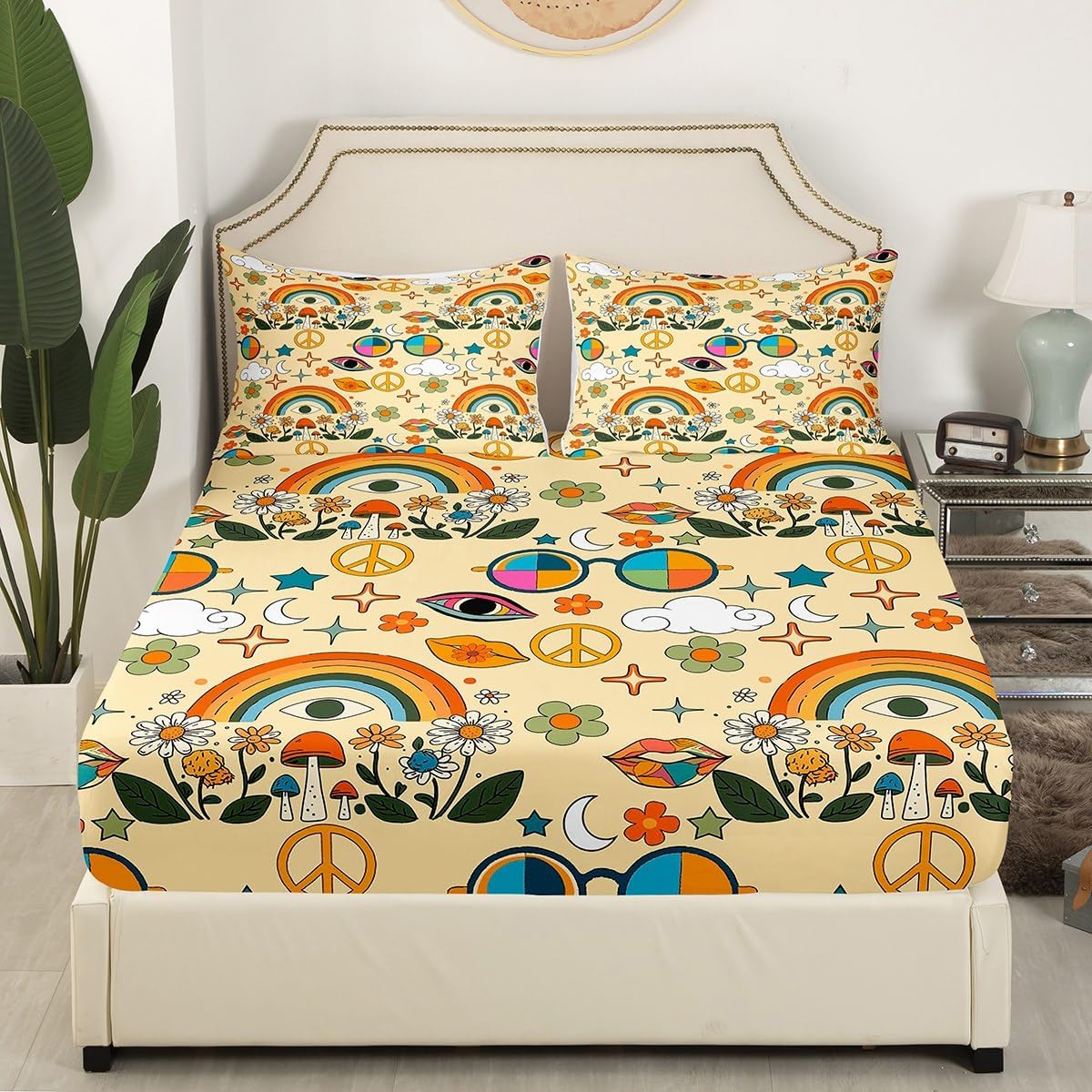 Castle Fairy Retro 70s Hippie Style Fitted Sheet Queen Size,Mushroom Sheet Set for Man Adult,Rainbow Floral Stars Moon Bedding Set with 2 Pillowcases,3pcs, Soft Fabric All-Round Elastic Pocket
