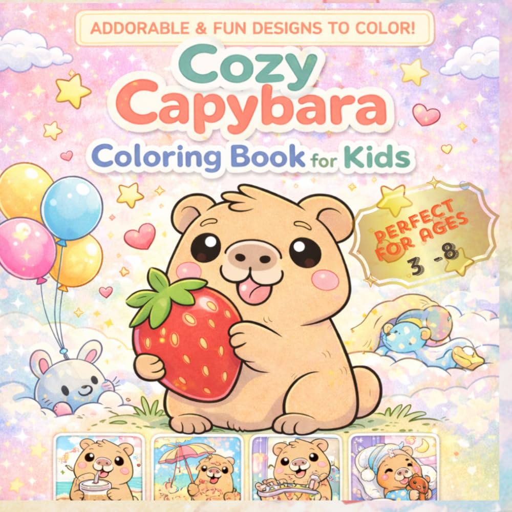 Cute Capybara Coloring Book for Kids Ages 3-8: Easy Kawaii Capybara Coloring Pages with Fun Cozy Scenes